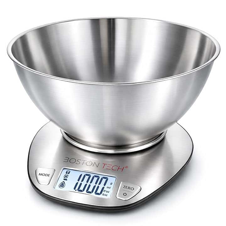 Bilancia da Cucina Digitale 5kg Acciaio Inossidabile con Ciotola Rimovibile, Alta Precisione, Display LCD Retroilluminato, Funzione Tara, Impermeabile, Ricettario Incluso, Boston Tech