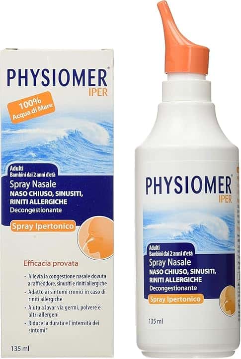Physiomer Iper Siero di Mare Spray Nasale Ipertonico Decongestionante Adatto per Adulti e Bambini che Libera la Congestione del Naso - 135 ml