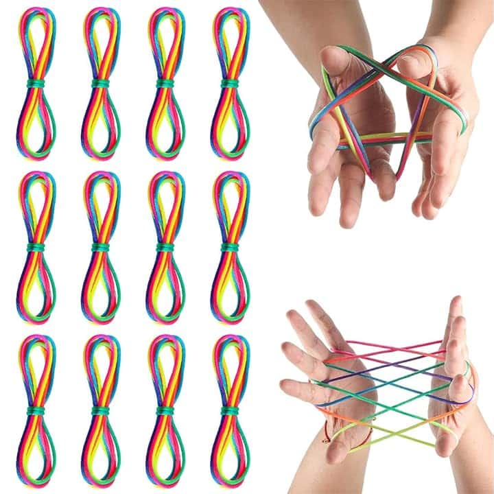 12 Pezzi Rainbow Rope, Giochi Di Corda Mano Bambini,Finger Twist Gioco A Filo, Gioco del Dito della Stringa,Giochi Con Corda per Dito,Ottimo Come Piccolo Regalo,Lunghezza 165cm