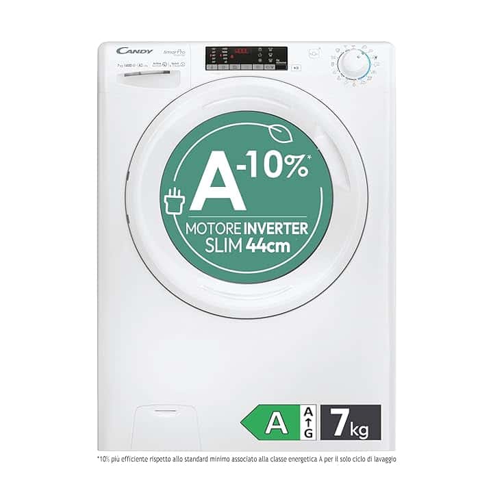 Candy Smart Pro Inverter Lavatrice SLIM 7 kg Carica Frontale, 85 x 60 x 45,4 cm (A x L x P), Motore Inverter Speed‑Drive, Wi‑Fi + Bluetooth, Classe Energetica A – CO4474TWM6/1‑S Etichetta Energetica