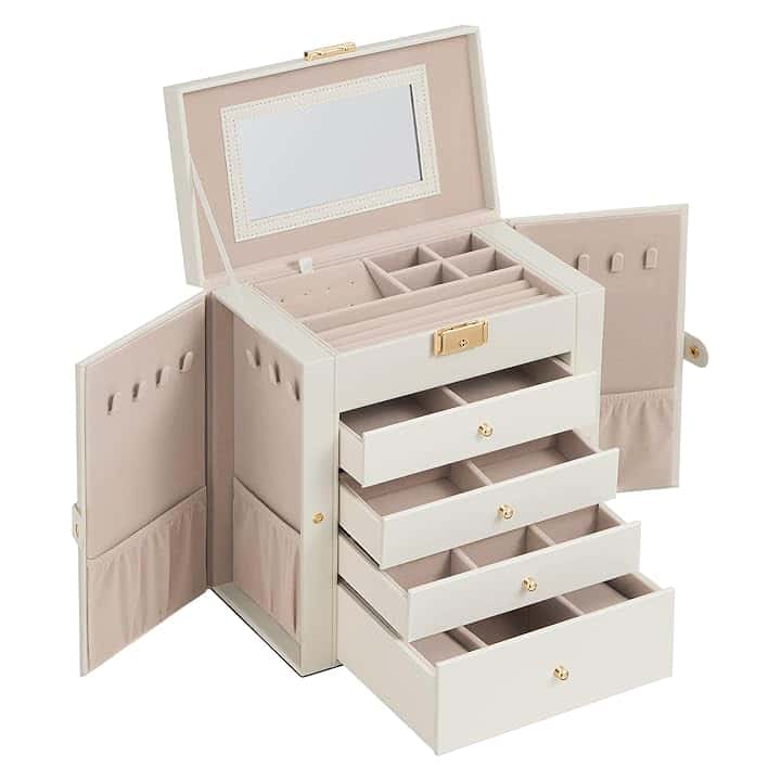 SONGMICS SONGMICS Scatola Portagioie a 5 livelli, Porta Gioielli con 4 Cassetti, Capiente, con Specchio Interno, Chiusura a Chiave, Cofanetto Portagioie, Idea Regalo, per Orologi, Bianco Crema JBC153WD03