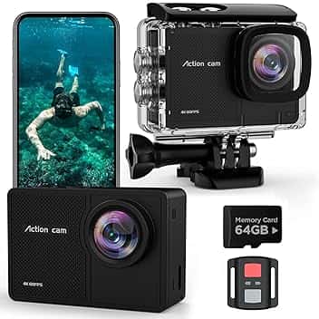 4K 60FPS Action Cam, 40M Fotocamera Subacquea con scheda SD da 64 GB, 48MP HD WIFI Videocamera con Telecomando,EIS Telecamera Sott'acqua,2x1350mAh Batterie e Accessori di Montagg