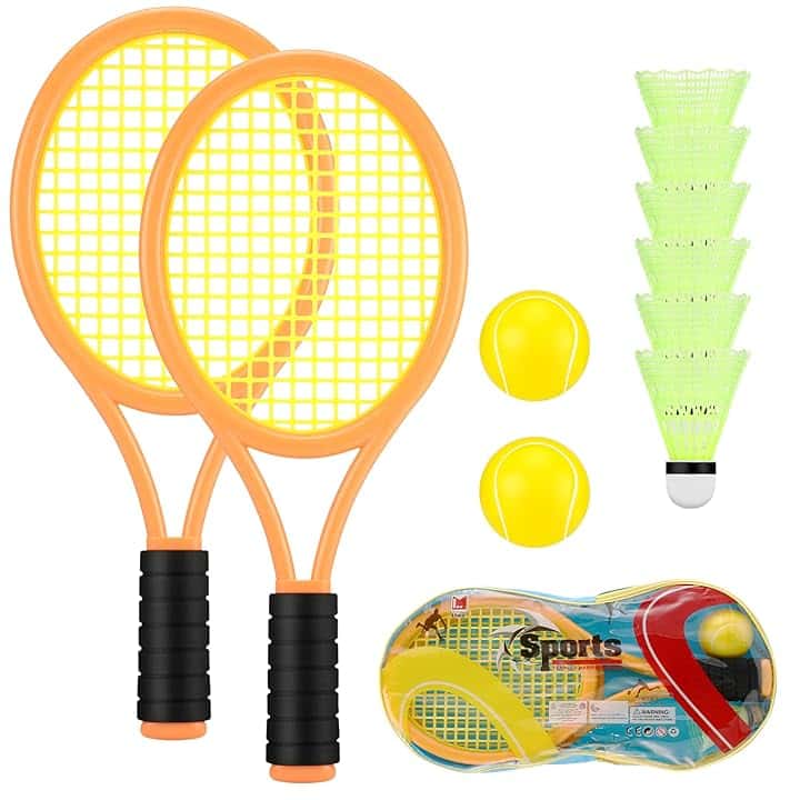 Miiepls Racchetta Tennis Bambino, Kit Racchette da Badminton con 2 Palline e 6 Volano, Mini Set Racchette Badminton per Bambini Indoor Outdoor Giochi