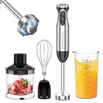 Bonsenkitchen Frullatore a Immersione Multifunzione 4 in 1, Minipimer in Acciaio Inox, 1000 W, 20 Velocità Regolabili, con Frusta, Tritatutto da 500 ml e Misurino da 700 ml, HB3203 ISCC PLUS