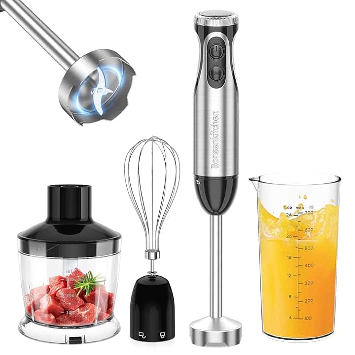 Bonsenkitchen Frullatore a Immersione Multifunzione 4 in 1, Minipimer in Acciaio Inox, 1000 W, 20 Velocità Regolabili, con Frusta, Tritatutto da 500 ml e Misurino da 700 ml, HB3203 ISCC PLUS