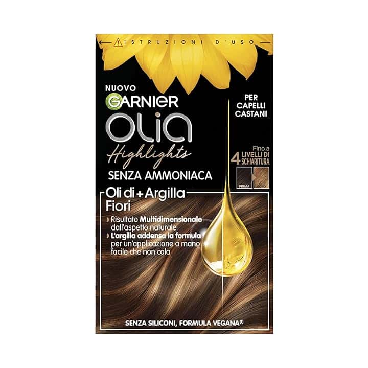 Garnier Olia Highlights, Fino a 4 Livelli di Schiaritura, Per Capelli Castani, Formula con Oli di Fiore + Argilla, Formula Vegana, Senza Ammoniaca