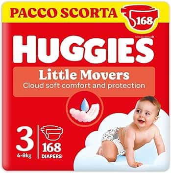 Huggies Little Movers, Pannolini Taglia 3 (4-9 Kg), Ultra assorbente, Design Disney, Pacco Scorta, 168 Pz