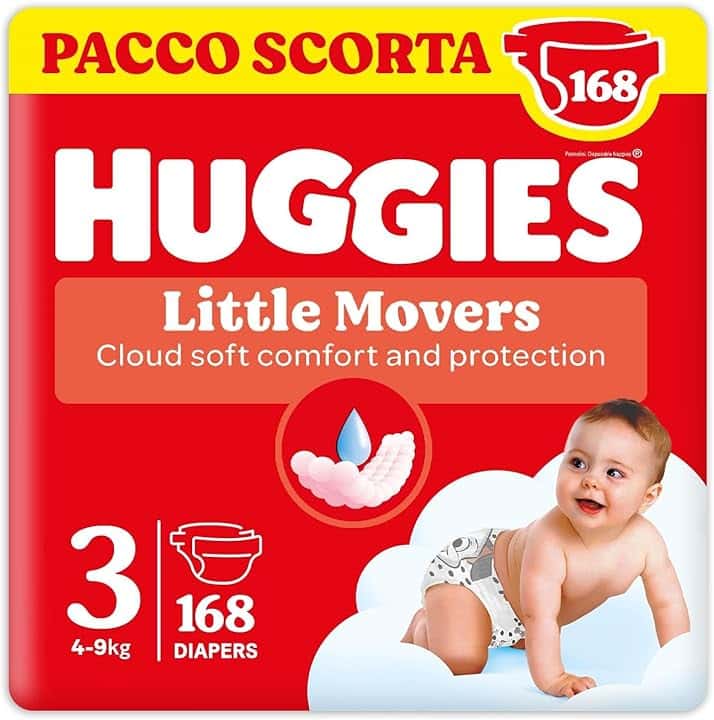 Huggies Little Movers, Pannolini Taglia 3 (4-9 Kg), Ultra assorbente, Design Disney, Pacco Scorta, 168 Pz