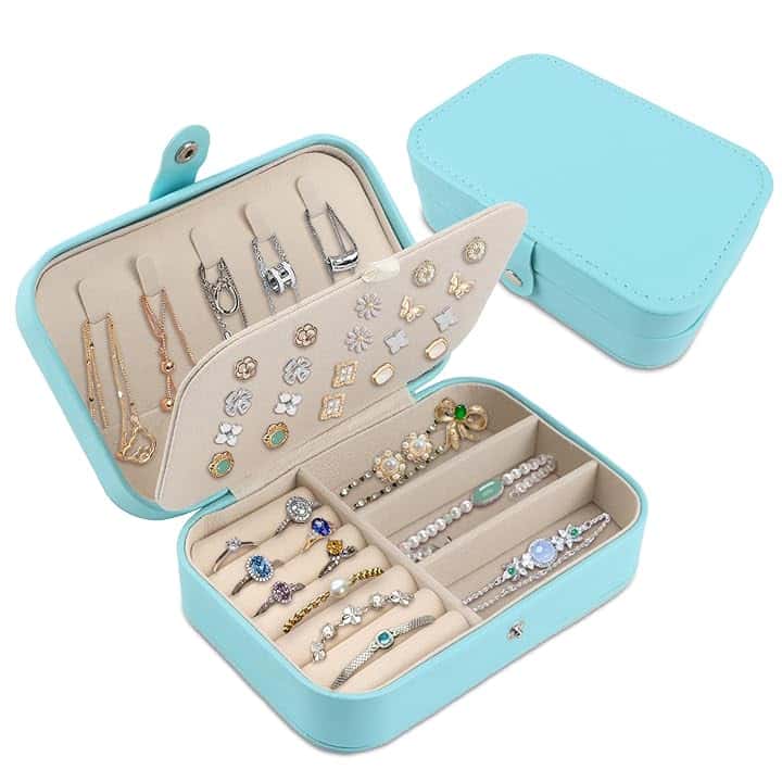 HO-SFSM HO-SFSM Portagioie da viaggio, piccolo portagioie, contenitore per gioielli piccolo, con scomparti, portatile, per anelli, orecchini, collane, azzurro
