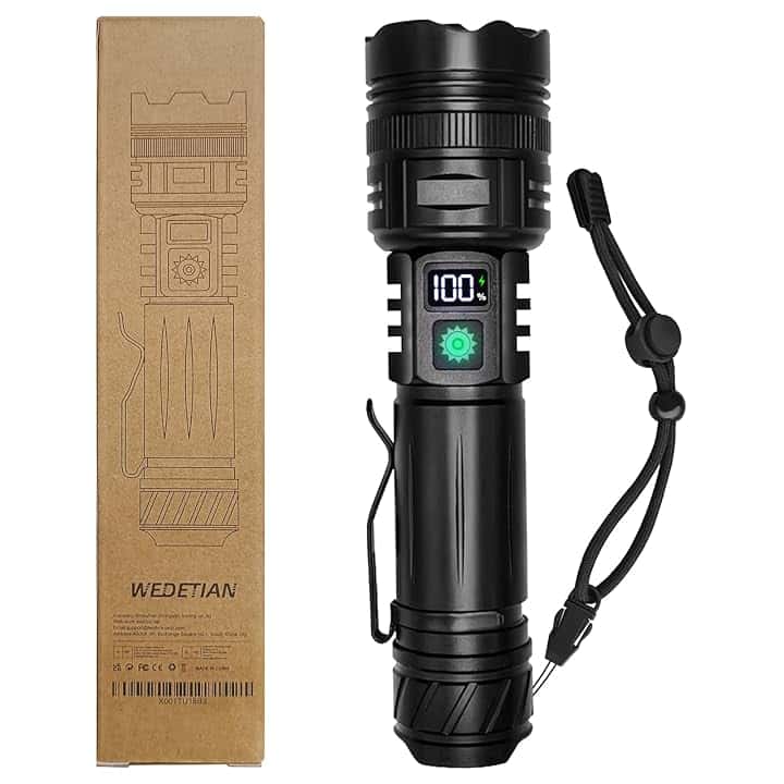 WEDETIAN Torcia LED Ricaricabile, 30000 Lumens Torcia LED Potente Professionale, 5 modalità Mini Torcia Tattica Militare, IP67 Impermeabile Flashlight per Campeggio Trekking Emergenza (1 pezzo)