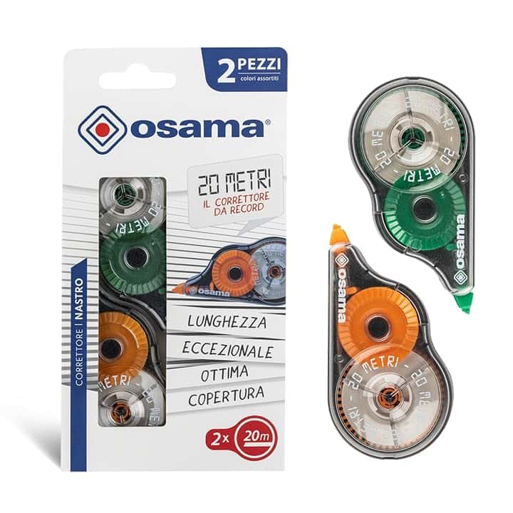 OSAMA - Bianchetto a Nastro, 2 Pezzi x 20 Metri (Tot 40m), Correttore a Nastro Cancelleria Scuola e Ufficio - Scolorina Set Utile per Cartoleria e Cose per la Scuola, Scorrevole e Coprente, Multicolor