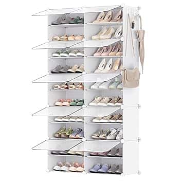 SONGMICS Scarpiera, Scaffale Modulare a 10 Scomparti per 40 Paia di Scarpe da Ingresso, con Sportelli, Telaio in Acciaio e Ripiani in Plastica, Camera da Letto, Bianco e Trasparente LPC035W01