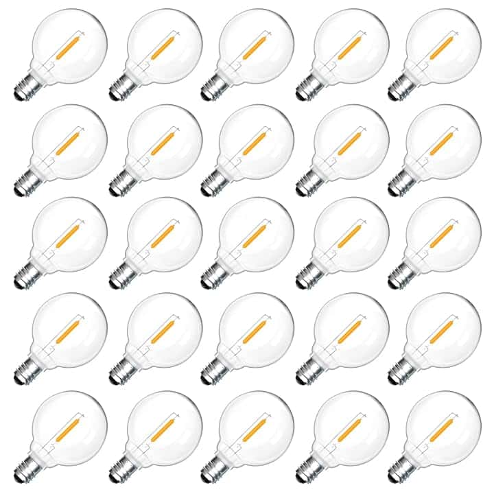 25 Pezzi Lampadina LED G40 E12 1W Esterno Ricambi, Bianco Caldo 2700K, 100LM, G40 LED Filamento Lampadina, Impermeabili IP54, Non Dimmerabile, per stringhe luminose Illuminazione interna ed esterna