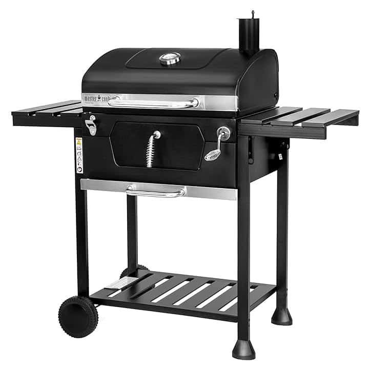 MasterCook - Barbecue A Carbonella Friend Con Doppia Griglia E Regolazione Cestello, BBQ Carbonella Con Coperchio, Termometro, Ripiani Pieghevoli, Barbecue A Carbone Professionale In Acciaio