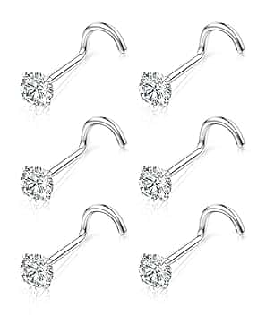 Chriscoco 6 Pezzi Piercing Naso Titanio G23 Piercing Naso Forma L Vite Piercing Naso Brillantino 3mm Cubico Zirconi Orecchini Naso Nostril Piercing 18G 20G Piercing Naso Argento Oro