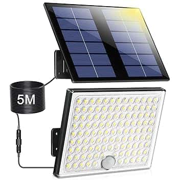 Lampada Solare da Esterno, Faretto Led da Esterno con Sensore di Movimento, Luce Solare Led Esterno con Pannello Solare, 113 LED 2000mAh 4 Modes Lampioni Luci Solari da Giardino con 5M Cavo, 1 Pezzo