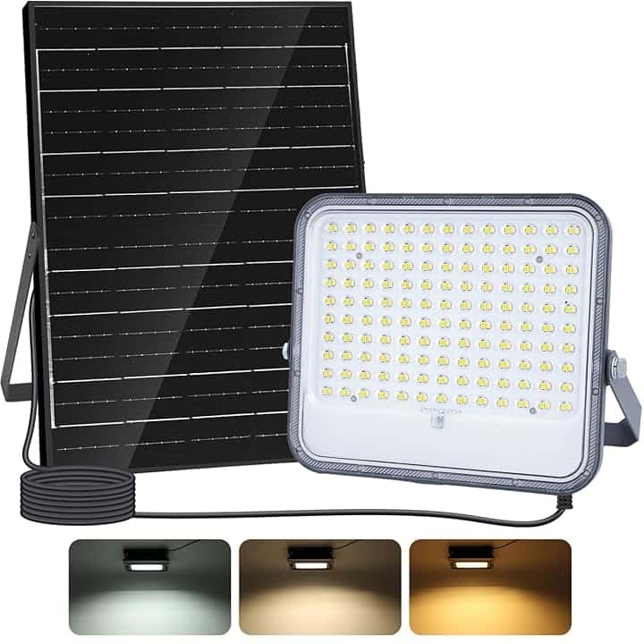 Aigostar- Faro led esterno con grande pannello solare，dimmerabile 3000/4000/6500K，16000mAH，Batteria di grande capacità，IP66，Faretto led da esterno solare con telecomando per esterno e giardino
