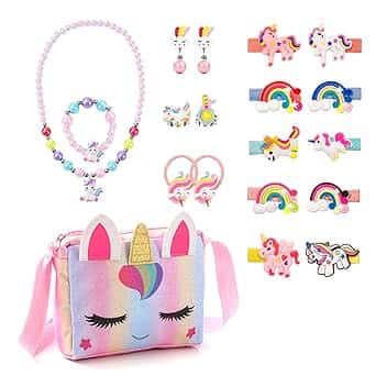 KDISHKRA Set di 20 Gioielli per Unicorno Borsetta Bambina, Girls Princess Borse con Accessori per Capelli,Mollette per Capelli,Collana,Bracciale,Anello,Orecchini, Regali di Compleanno 3-9 Anni
