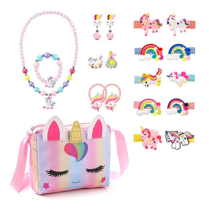 KDISHKRA Set di 20 Gioielli per Unicorno Borsetta Bambina, Girls Princess Borse con Accessori per Capelli,Mollette per Capelli,Collana,Bracciale,Anello,Orecchini, Regali di Compleanno 3-9 Anni