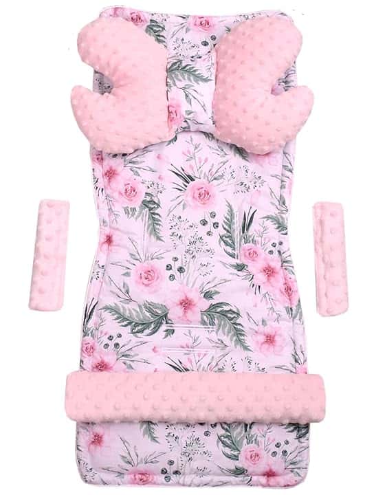 Inserto universale per passeggino per carrello a 5 elementi protezione della cintura + protezione della fascia Cotone Minky Medi Partners (Fiori con rosa Minky)