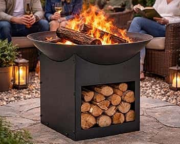 Braciere da Esterno Giardino con Porta Legna Terrazzo Cestino in Ferro per Legna Ciotola per Fuoco Braciere Rotondo Diametro 57 cm Altezza 41 cm Colore Nero Mod. Brisbanne