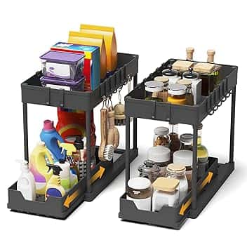2 Pezzi Organizer Sottolavello Cucina 2 Livelli, Scaffale Estraibile per Lavello, Portaoggetti Sottolavello con 8 Ganci