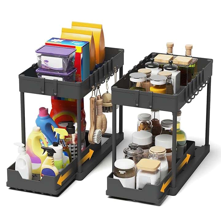 2 Pezzi Organizer Sottolavello Cucina 2 Livelli, Scaffale Estraibile per Lavello, Portaoggetti Sottolavello con 8 Ganci