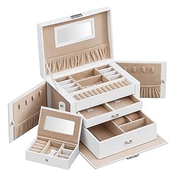 SONGMICS SONGMICS Scatola Portagioie a 3 livelli, Porta Gioielli con 2 Cassetti, con Mini Box Portatile da Viaggio, Maniglia, Chiusura, Idea Regalo, PU Bianco Nuvola, Fodera Beige Sabbia JBC121W.