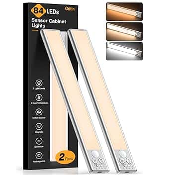 Gritin Luce Led Sottopensile Cucina Ricaricabile 2 Pezzi- 3 Colori & 5 Luminosità, Super Luminoso, 4 Modalità, Sensore di Movimento, Lunga Durata- Facile Installazione Magnetiche Luce Armadio-26CM