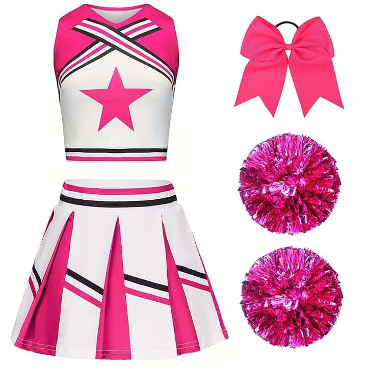 Vestito Cheerleader Bambina Costume da Cheerleader per Ragazze Bambini con Pon Pon Cheerleader e cerchietto per capelli Uniforme da Cheerleader Bambina per Carnevale Compleanno Halloween Feste Cosplay