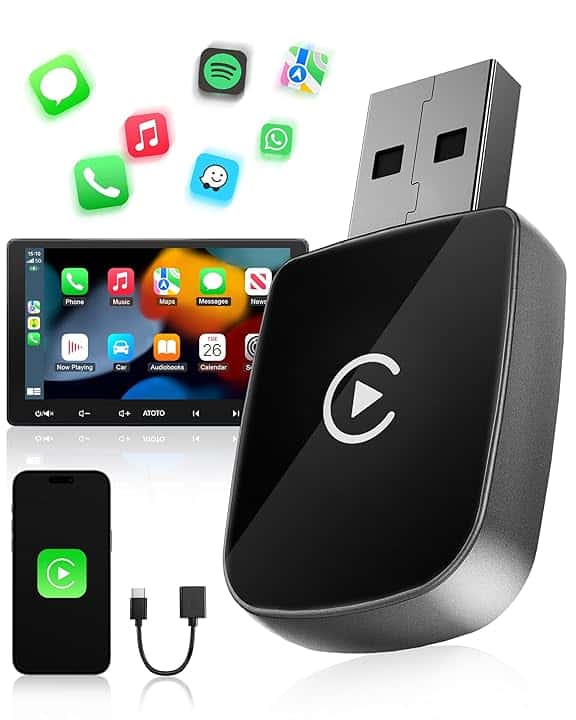 Adattatore CarPlay Wireless, Bluetooth V5.3 Connessione Stabile, WiFi 5.8GHz ad Alta Velocità, USB C/A, Converte da Cablato a Wireless per Apple iPhone iOS 10+, Auto dal 2016
