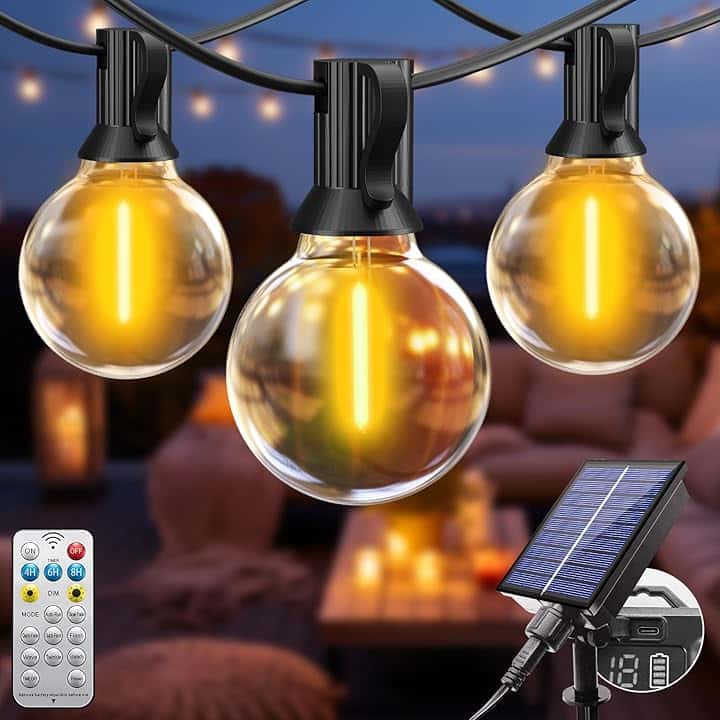 btfarm 8M Catena Luminosa Esterno Solare con Telecomando, Lampadine LED G40 Luci Solari da Giardino Impermeabile, 8 Modalità Lucine Esterno Energia Solare Dimmerabile per Gazebo Balcone, Bianco Caldo
