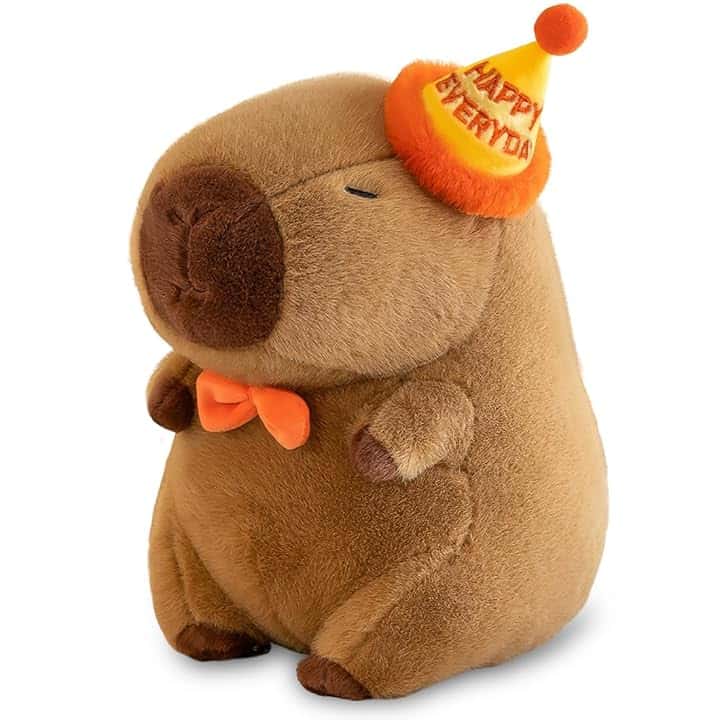 Capibara Peluche, 25 cm Peluche Capybara Bambola, Simpatico Capybara Plush, Pupazzo Kapibara Cute, Simpatico Capybara Plush, Capibara Peluche Giocattolo con Compleanno Cappello per Ragazzi Ragazze