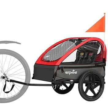 Sepnine Rimorchio per bici per bambini, adatto per 1-2 bambini, dai 12 mesi in su, attacco rapido alla bici, pieghevole, con imbracatura a 5 punti e borse per riporre oggetti