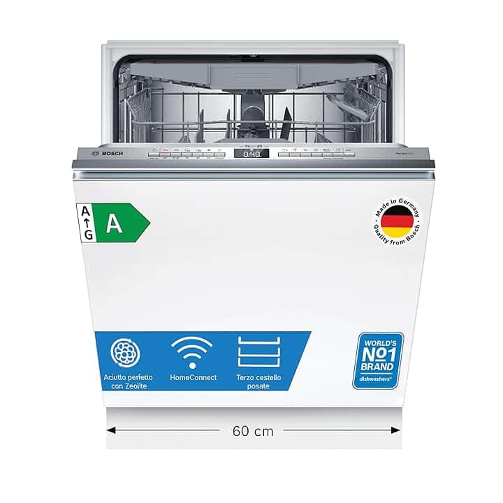 Bosch SMV6YCX02E Serie 6, Lavastoviglie Smart da incasso a scomparsa totale, Cestelli adattabili, Asciugatura con Zeolite, Indicatore lavaggio a pavimento, Acciaio a ridotte emissioni, 60 cm. Etichetta Energetica
