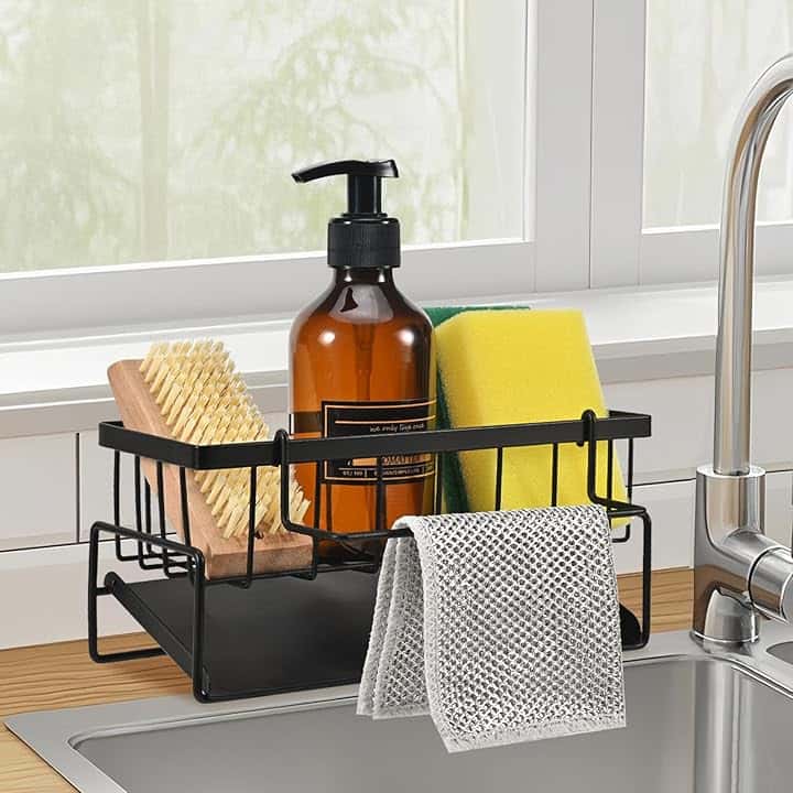 portaspugne per lavello cucina, organizer cucina, portaoggetti per lavello in acciaio inox con vaschetta di scarico automatica, portaoggetti per spugne, asciugamani, spazzole, nero