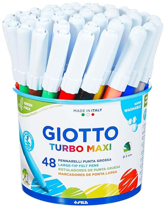 GIOTTO Turbo Maxi - Barattolo Set 12X4 Pennarelli A Punta Larga, 5 mm, Super Lavabili