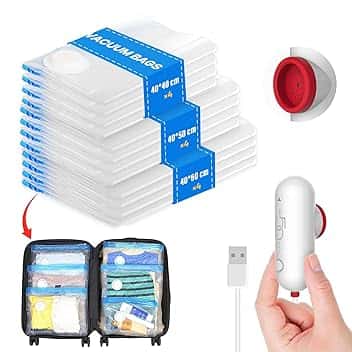 Vacbird Sacchi Sottovuoto Vestiti con Pompa Elettrica Usb, 12 Pezzi di Buste Sottovuoto (4x 40 * 40cm / 4x 40 * 50cm / 4x 40 * 60cm) Sacchetti Sottovuoto Vestiti Viaggio, Riutilizzabili, Salvaspazio