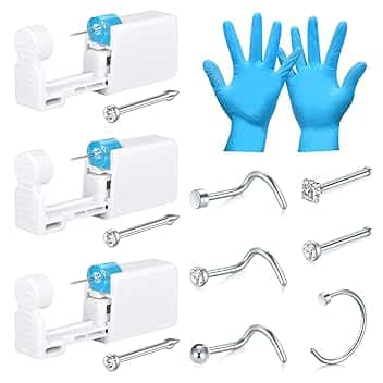 LAURITAMI Set pistola piercing naso, 3 pezzi di pistola per piercing al naso con borchia, set portatile di sicurezza oro/argento con 6 borchie