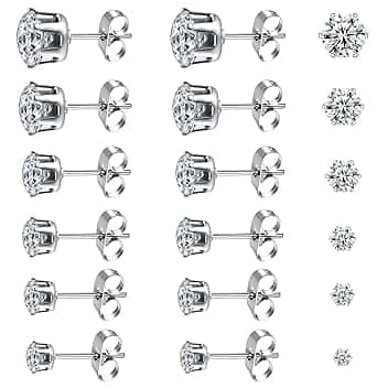 Leikedun 6 Paia Orecchini Uomo Diamante Donna con Zirconia Cubica, Anallergici in Acciaio Chirurgico al Titanio, Brillantini 3 - 8 mm, Bianco