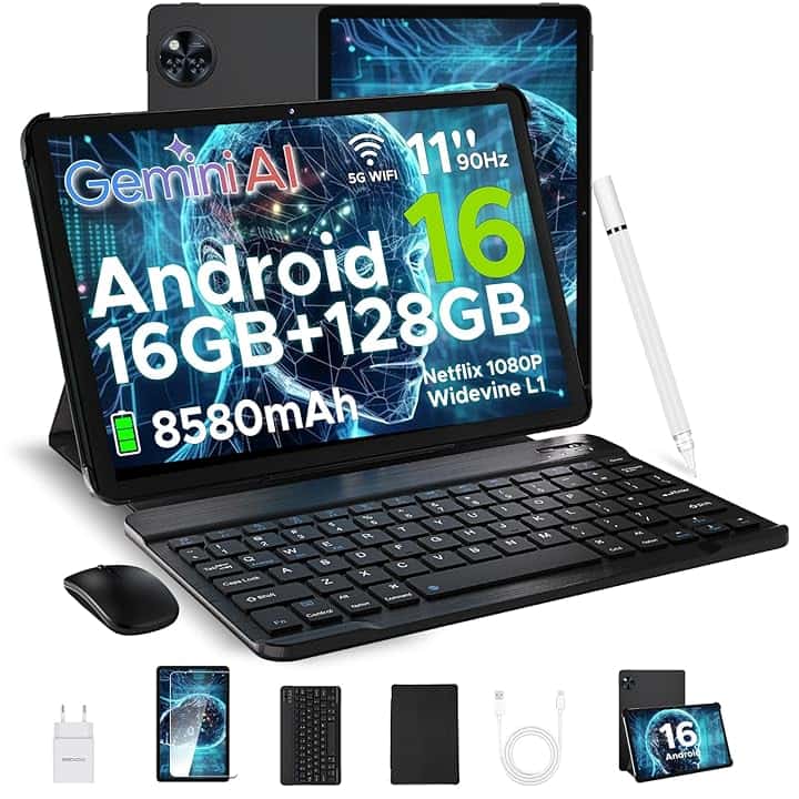 DOOGEE U11 Android 16 Tablet 11 Pollici, 16GB+128GB/2TB TF Tablet con Tastiera, 90Hz, 8580mAh, 7.9mm Thin, Unisoc T7200 Octa Core/13MP/Widevine L1/Face ID, Tablets con Penna & Mouse & Case - Nero