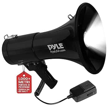 Pyle Megafono 50 Watt con Microfono, Megafono Portatile con Sirena Allarme e Volume Regolabile, Interno/Esterno, Sport, Calcio, Basket, Baseball, Fans e Allenatori e Emergenze
