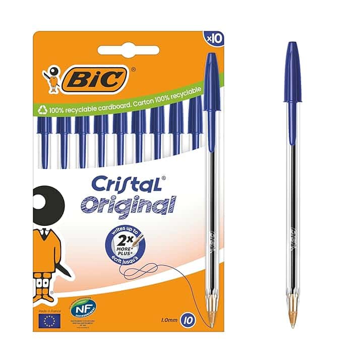 BIC Penne a Sfera Cristal Original con Punta Media (1,00 mm) e Tappi Abbinati al Colore dell’Inchiostro - Blu, Confezione da 10