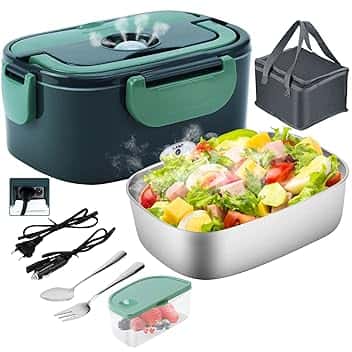 Lunch Box Elettrico Portatile Scaldavivande per Auto Camion e Ufficio 4 in 1 12V/24V/220V~240V 1.5L 60W Porta Pranzo in Acciaio Inox, Scomparti, Forchetta Cucchiaio e Borsa Per il Trasporto
