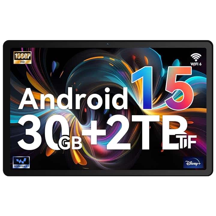 Whitedeer Tablet, Android 15 Tablet 10 Pollici Octa-Core,30GB RAM + 128GB ROM Espandibile 2TB, Split-Screen,WiFi 6, Bluetooth 5.4,Widevine L1, Doppia Fotocamera 5MP+8MP, Batteria 6200mAh, OTG, Nero