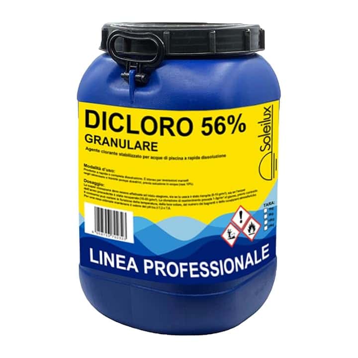 Dicloro Cloro Granulare 56% Rapido per Piscina - 25 kg, Dicloro Stabilizzato a Rapida Dissoluzione per Trattamento Shock, Mantenimento, Iperclorazione, Pulizia ed Igiene dell'Acqua di Piscine