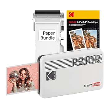 KODAK Mini 2 Retro 4PASS Stampante Fotografica Portatile (5.3x8.6cm) + Pacchetto con 38 Fogli, Bianco