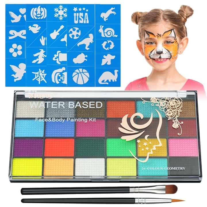 Aomig Body Painting, 24 Colori Face Paints Bambini, Truccabimbi Kit Anallergici Atossici, Kit per la Pittura del Viso Pittura Corpo Bambini per Halloween, Carnevale, Natale, con Stencil e Pennelli