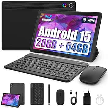 Tablet 10 Pollici Kit 8-in-1 Android 15 Tablet PC con Custodia, Tastiera, Mouse, Penna, Cuffie, Alimentatore, Cavo, Octa-Core, 20 GB RAM, 64 GB ROM, Espandibile 1TB,Display IPS 1280x800,5000 mAh(Nero)