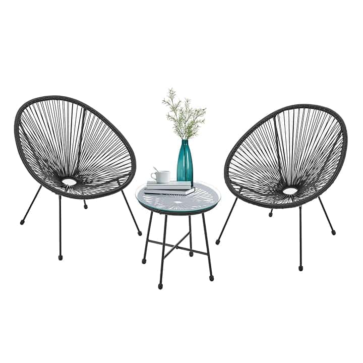 Juskys Set di mobili da balcone Ostana 3 pezzi - Tavolo e 2 poltrone - Elegante gruppo di seduta per balcone, terrazza e giardino - Set di mobili da giardino per balcone Nero